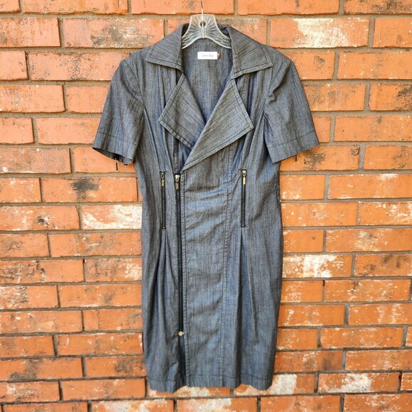 Vintage Black Denim Short Sleeve Zip Up Dress Notched Collar & Zipper Details - Picture 9 of 11